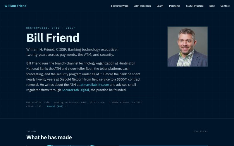 The ATM Availability portfolio home page: a deep navy layout introducing Bill Friend, banking technology executive.