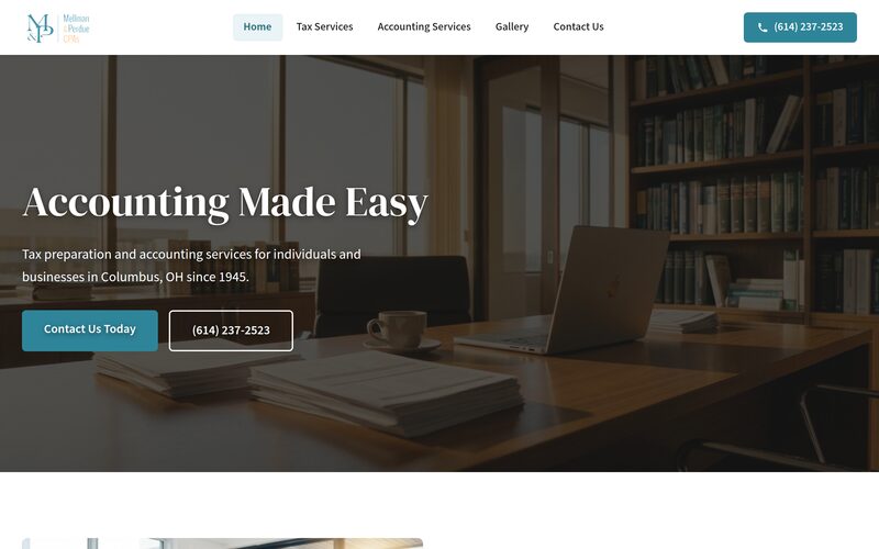 The Mellman & Perdue CPAs home page: a photograph of an office desk behind the headline Accounting Made Easy.