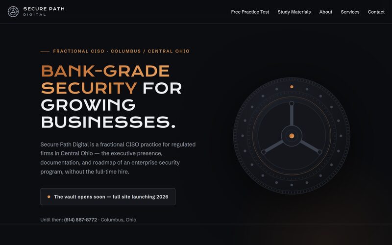 The Secure Path Digital home page: a dark layout with a vault-dial illustration and the headline Bank-grade security for growing businesses.